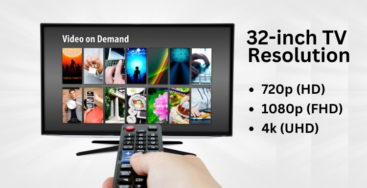 A 32-inch TV with 1080p resolution and remote in hand.